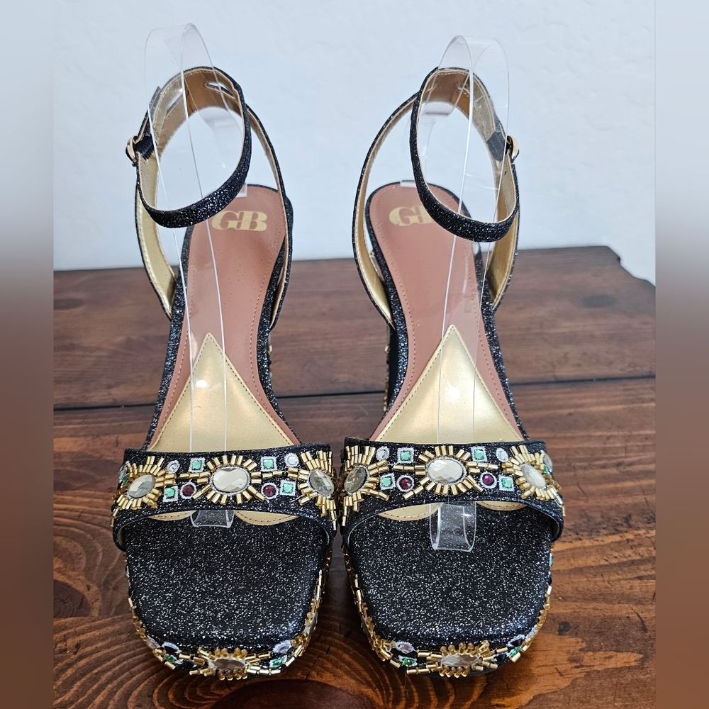 GB Women's Black Glitter Heels w/ Gold Multi Embellishments  Sz 8 & 9M - Picture 2 of 7